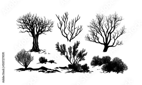 Obraz Mesquite Tree Silhouettes in Desert, engraved shrub vector illustration, arid landscape clipart, open range vegetation, drought tolerant plants, desert flora scene, vector illustration.