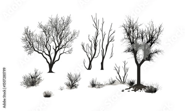Obraz Desert Mesquite Tree Silhouettes, spiky leaves, arid forest scene, low woodland trees, dry climate vegetation, sun-parched nature, rustic design elements, vector illustration.