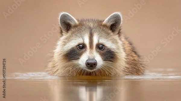 Fototapeta A close-up of a curious raccoon emerging from water, displaying its unique facial markings and inquisitive nature. The warm background complements this charming wildlife scene.
