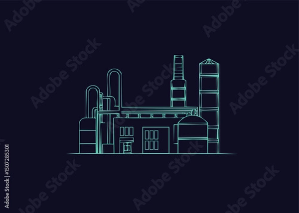 Fototapeta Dark illustration of neon factory with pipes; chimneys and industrial objects; buildings.	