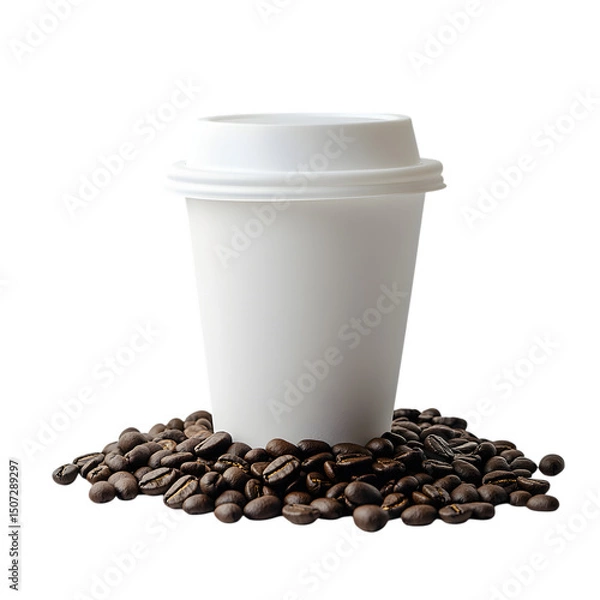 Obraz White coffee cup with coffee beans isolated on transparent background