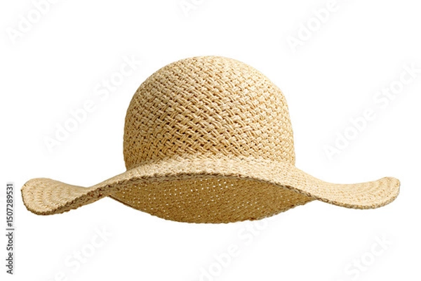 Fototapeta Straw beach hat front view isolated on white background. Beach hat with clipping path as design element banner, studio shot with sunlight. Summer travel cap for beach holidays on Vacation