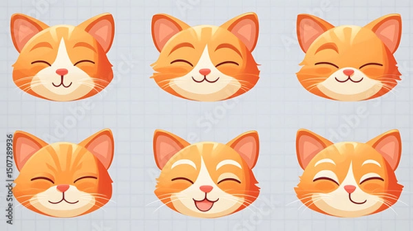 Fototapeta Bright icon set with cheerful, sleepy, and flirty cat expressions on transparent background 