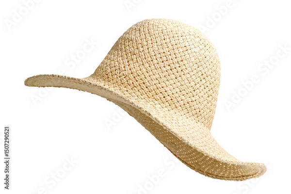 Fototapeta Straw hat side view isolated on white background. Beach hat with clipping path as design element banner, studio shot with sunlight. Summer travel cap for beach holidays on Vacation