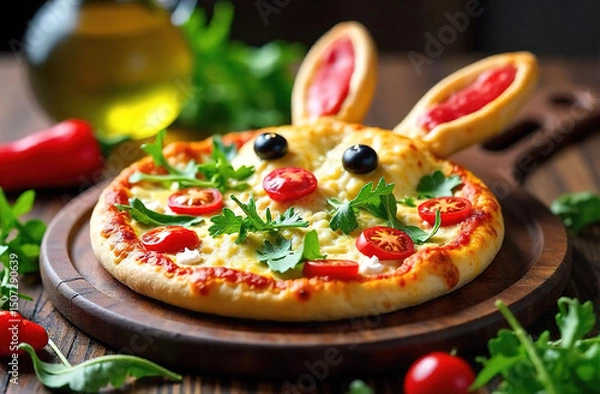 Fototapeta Kids pizza in the shape of a rabbit.
