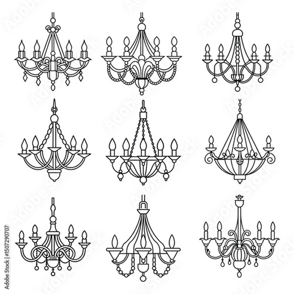 Fototapeta A set of crystal chandelier line art design