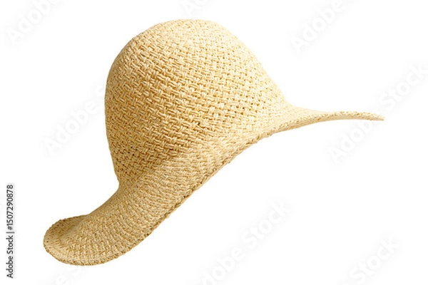 Fototapeta Straw hat side view isolated on white background. Beach hat with clipping path as design element banner, studio shot with sunlight. Summer travel cap for beach holidays on Vacation