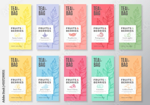 Fototapeta Fruit and Berries Tea Labels Collection. Abstract Vector Packaging Design Layouts Set with Realistic Shadows. Modern Typography, Hand Drawn Tea Leaves Silhouettes Background. Beverage Emblems Isolated
