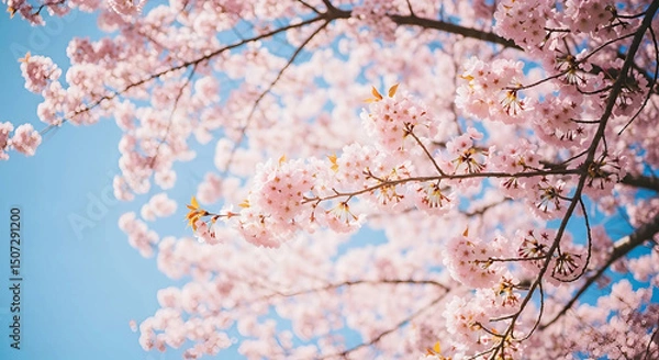 Fototapeta Sunlight filters through vibrant pink cherry blossoms against a clear blue sky, creating a peaceful outdoor scene, Generative AI.