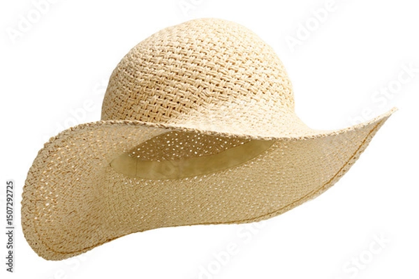 Fototapeta Straw beach hat three quarter turn to right and raised up isolated white background. Hat with clipping path as design banner, studio shot with sunlight. Summer travel hat for beach holidays on