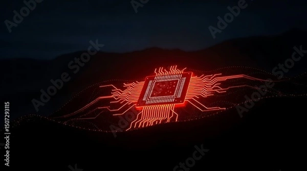 Fototapeta Glowing Microchip on Alien Terrain – Futuristic Circuit Board Floating Over Sci-Fi Landscape in Orange