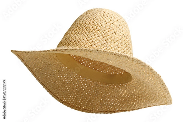 Fototapeta Straw beach hat left turn three quarter view raised up isolated white background. Hat with clipping path as design banner, studio shot with sunlight. Summer travel cap for beach holidays on Vacation.