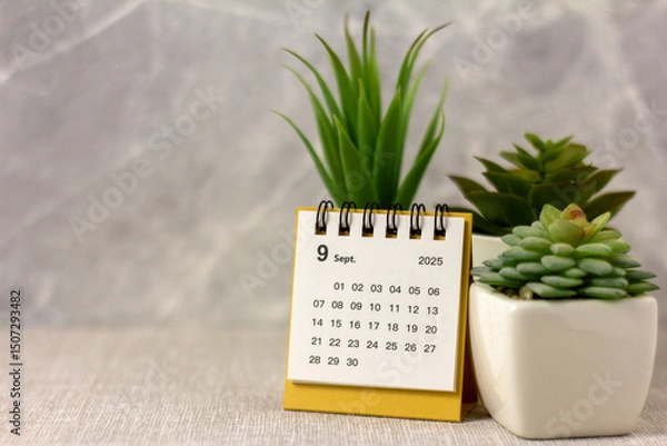 Fototapeta Hello, September 2025. Desktop calendar for planning on a gray background.