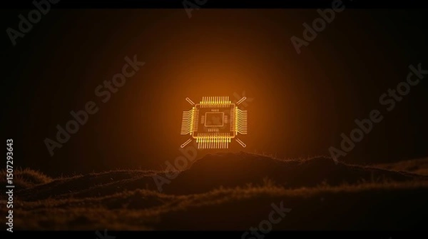 Fototapeta Glowing Microchip on Alien Terrain – Futuristic Circuit Board Floating Over Sci-Fi Landscape in Orange