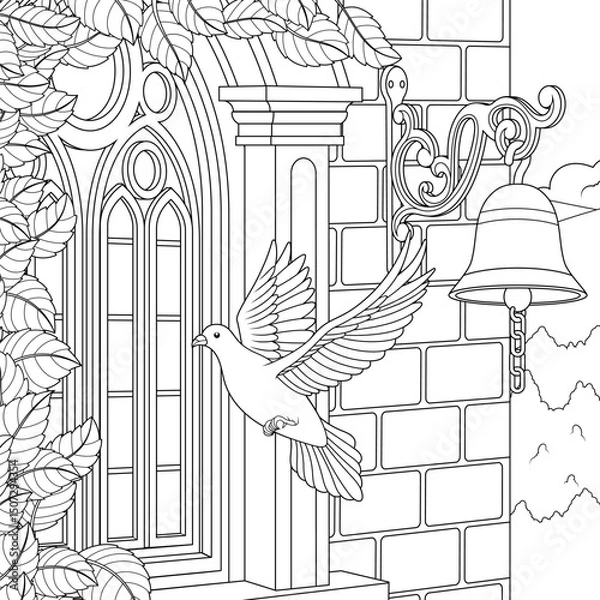 Fototapeta Vector illustration, a pigeon flies near the window of a building