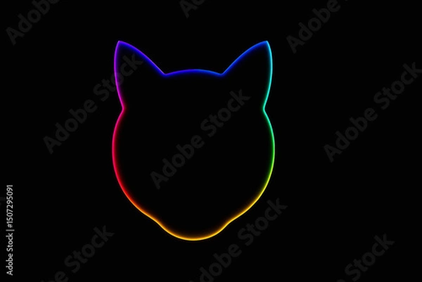 Fototapeta Minimalistic neon cat silhouette with vibrant rainbow gradient lighting on a black background, perfect for digital art, modern design, or creative projects.