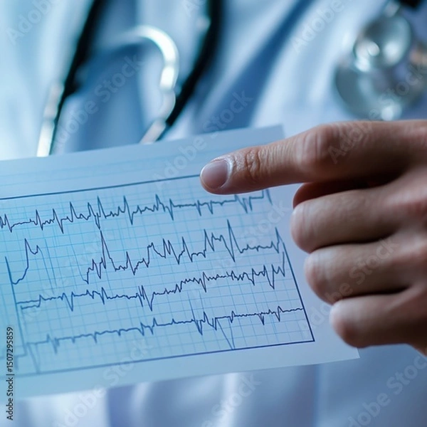 Fototapeta Doctor reviewing a patient s EKG with focused care pointing to a critical heart rhythm with cool