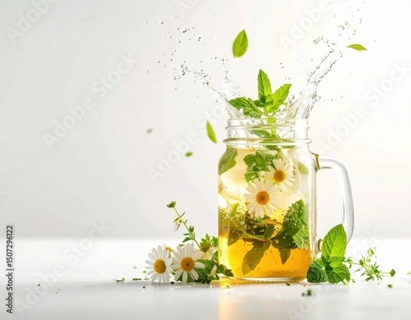 Fototapeta Refreshing Chamomile & Mint Infusion: A mason jar explodes with a vibrant mix of fresh mint and chamomile, its golden brew beautifully accented by water droplets and crisp leaves.