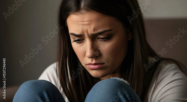 Fototapeta A woman sits on a couch, resting her hands on her face, appearing deep in thought or contemplation, Generative AI.