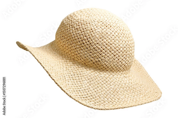 Fototapeta Straw hat back view three quarter turn to left and raised up isolated white background. Beach Hat with clipping path as design banner, studio shot. Summer travel hat for beach holidays on Vacation