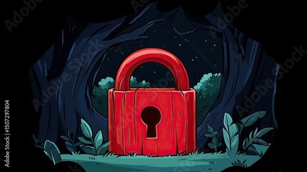 Fototapeta A Large Red Wooden Lock Amongst the Forest Trees at Night