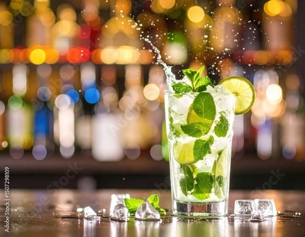 Fototapeta Mojito Splash: A refreshing mojito cocktail with mint and lime, beautifully frozen in a mid-air splash on a sleek bar top, backed by a blurred ambiance.