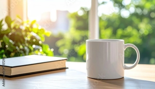 Fototapeta Morning Ritual: A cozy scene with a pristine coffee mug and a captivating book on a wooden table, bathed in the gentle glow of morning light, offering a perfect moment of relaxation.