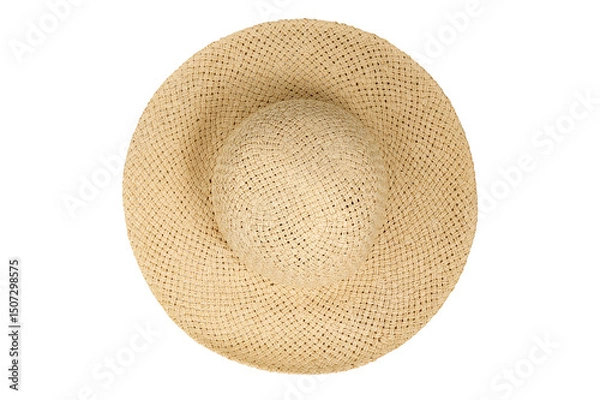 Fototapeta Straw hat top view isolated white background. Beach hat flat lay, with clipping path as design banner studio shot with sunlight. Summer travel cap for beach holiday on Vacation