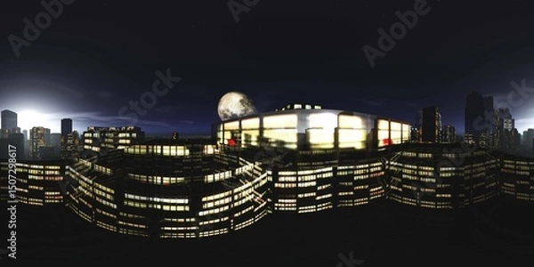 Fototapeta Night city, Cityscape, Environment map. HDRI map. Equirectangular projection. Spherical panorama., 3D rendering