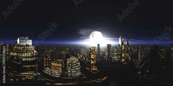 Fototapeta Night city, Cityscape, Environment map. HDRI map. Equirectangular projection. Spherical panorama., 3D rendering