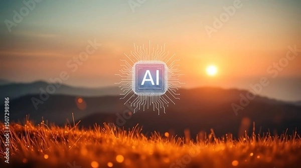 Fototapeta Glowing Microchip on Alien Terrain – Futuristic Circuit Board Floating Over Sci-Fi Landscape in Orange