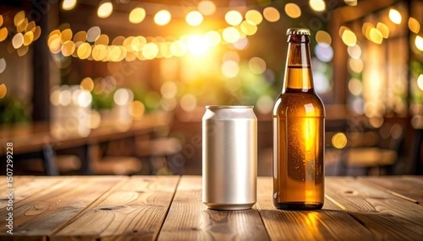 Fototapeta Beer and Can Still Life: A compelling still life presents a refreshing beer bottle and can set on a wooden surface, evoking a sense of leisure and social gathering.