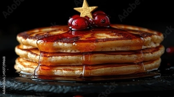 Fototapeta A delicious stack of pancakes drizzled with syrup and fruit