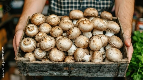 Fototapeta A Person Holding a Wooden Crate Filled with Mushrooms