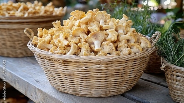 Fototapeta Wicker Baskets Displaying Many Freshly Harvested Yellow Mushrooms