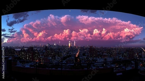 Fototapeta City skyline view beneath colorful pink and purple clouds at dusk