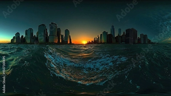 Fototapeta A cityscape at sunset reflected in turbulent ocean water