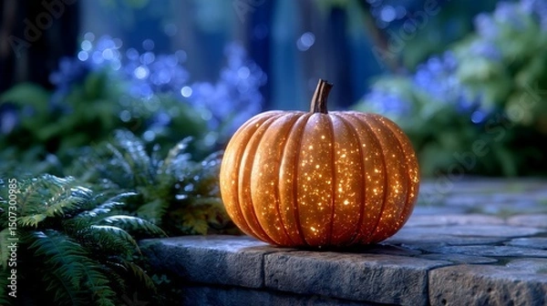 Fototapeta Enchanted Halloween Glow Sparkling Pumpkin, Blue Bokeh. Ideal Festive Background.