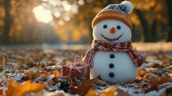 Fototapeta A friendly snowman wearing a hat and scarf with a present