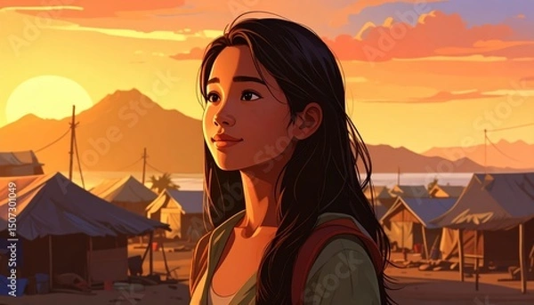 Fototapeta Dreamscape Serenity: A captivating woman with an easy smile stands, surrounded by a landscape with a sun setting, offering a sense of serenity and dreamlike beauty.