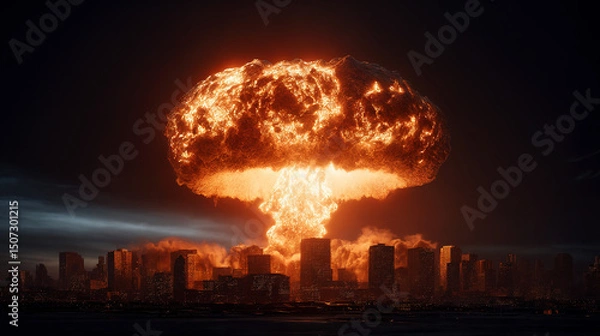 Fototapeta nuclear bomb explosion with mushroom cloud made of fire and smoke over a dark city at night