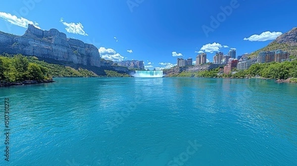 Fototapeta A beautiful waterfall cascading into a large body of turquoise water