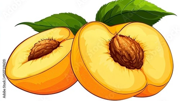 Fototapeta Two halves of a delicious peach with green leaves are depicted