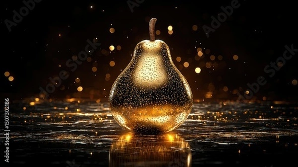 Fototapeta A beautiful shining golden pear against a dark elegant background