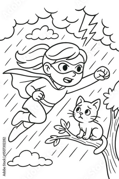 Fototapeta Superhero girl rescuing cat from tree in storm, dramatic cartoon scene