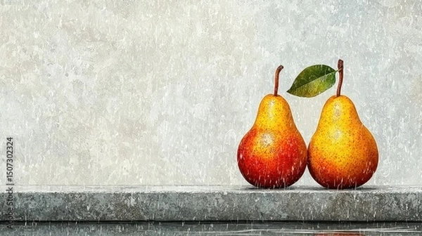 Fototapeta Two ripe pears with green leaf on a textured background