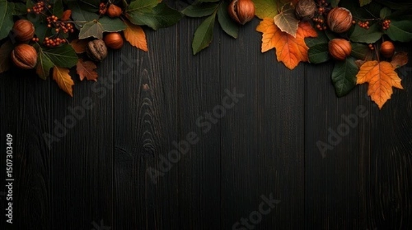 Fototapeta An autumnal arrangement of foliage and nuts on dark wooden boards