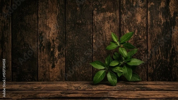 Fototapeta Green leaves resting on a rustic wooden surface background