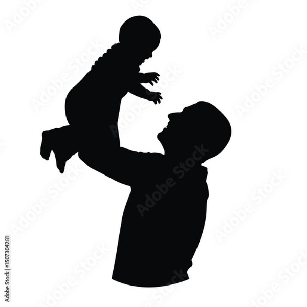 Obraz Flat black vector silhouette of a father lifting a child up, front-facing, on white background