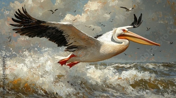 Fototapeta A large white pelican is soaring above ocean waters